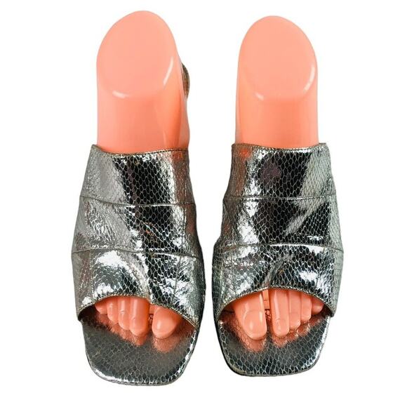 Women’s Mules Size 11 Silver Snake Embossed Slides Heels Sandals Metallic Chic - Picture 1 of 8